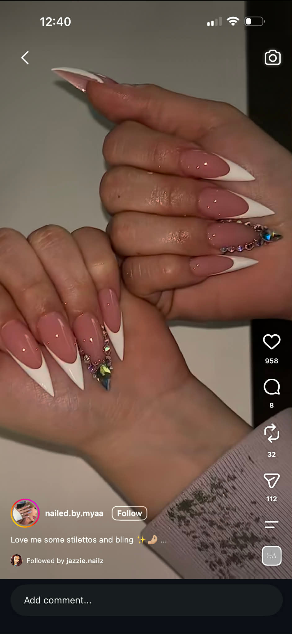 White Frenchies with Crystal accent nail